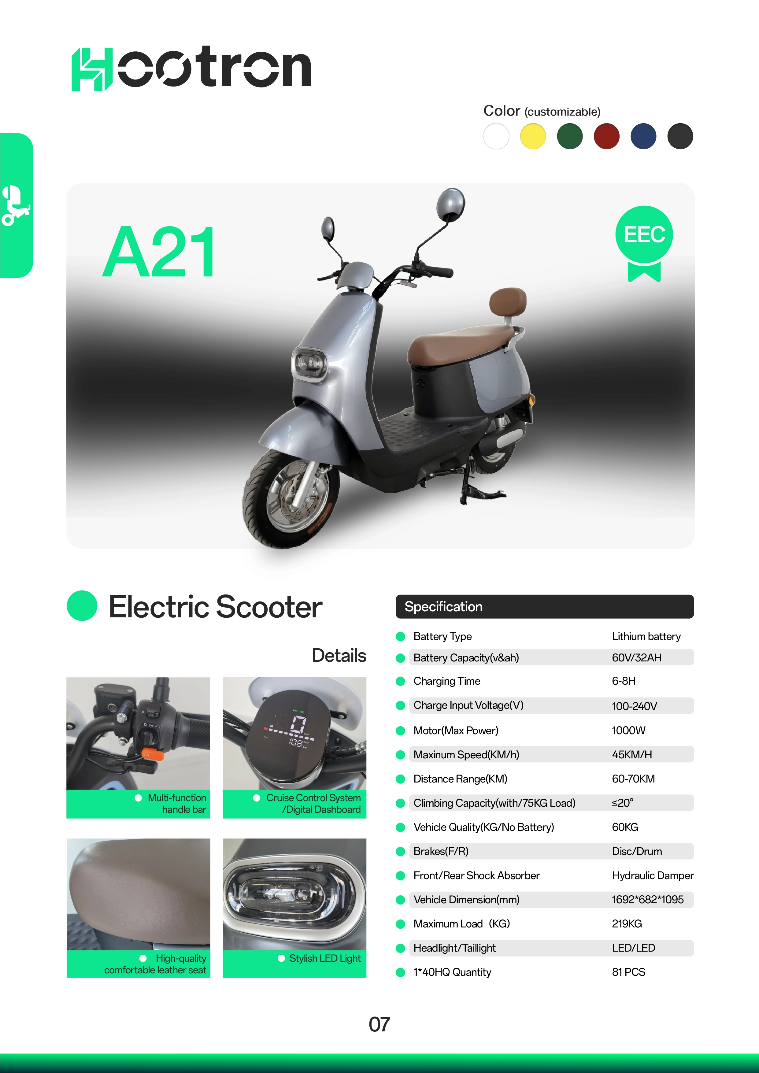 Hootron A21 electric scooter silver retro style